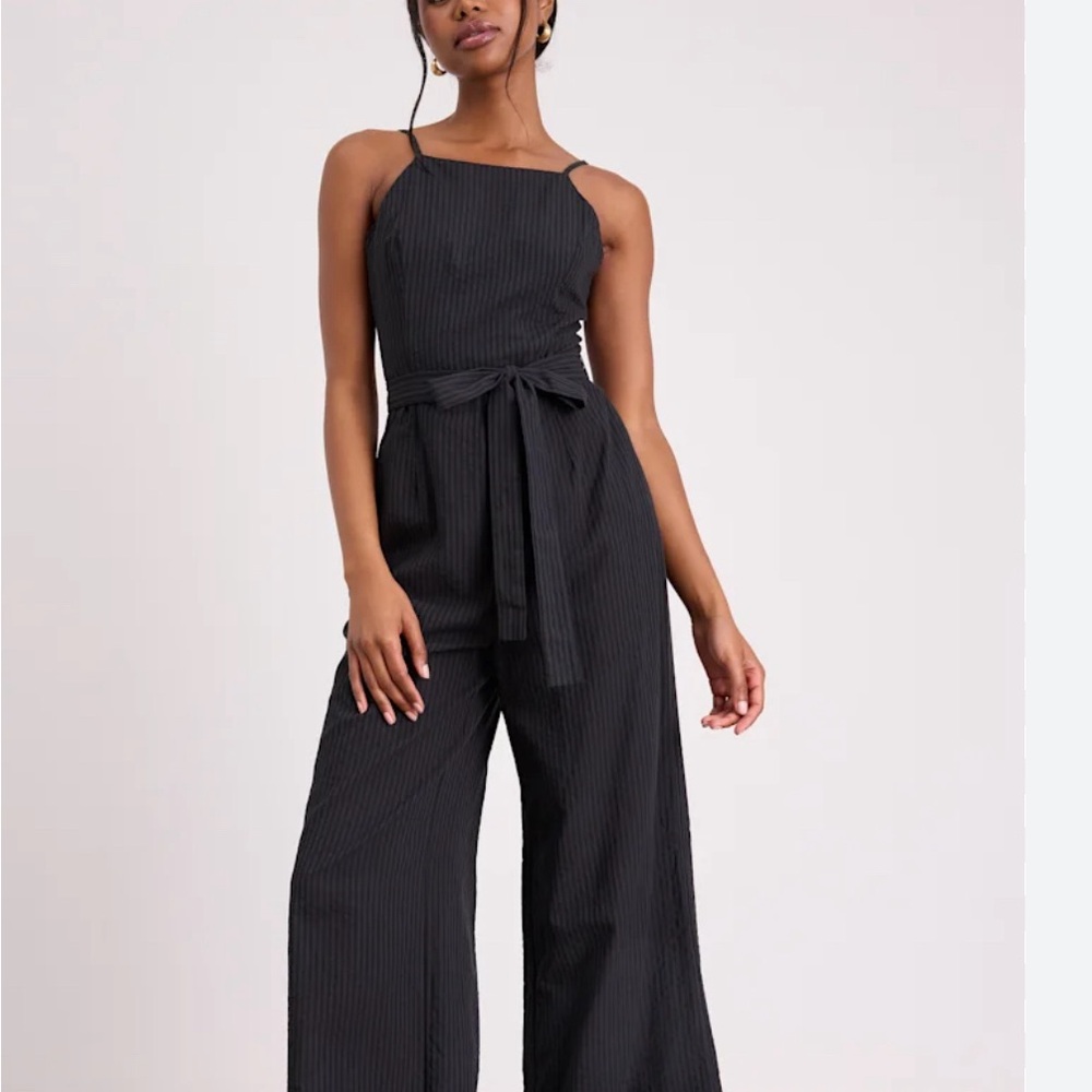 Lulus Messina Stripes Shiped Wide Leg Jumpsui Apron Neck Women Size L NWT